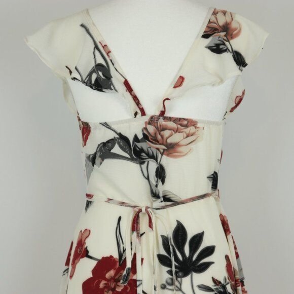 Cupshe Long Beach Women's Small Cream & Red Floral Ruffled Crepe Midi Wrap Dress - Picture 4 of 8